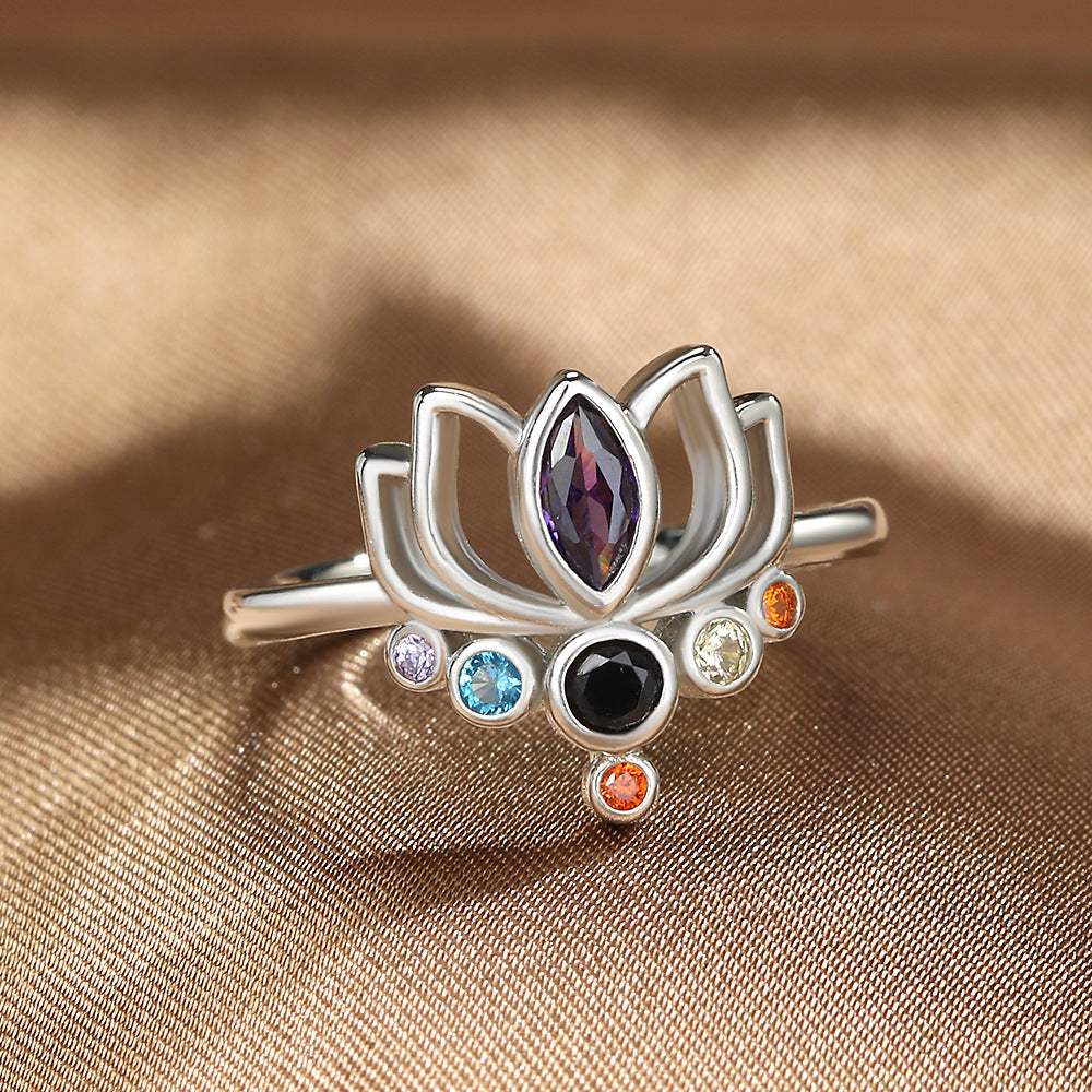 Lotus Flower 7 Chakras Silver Ring for Women