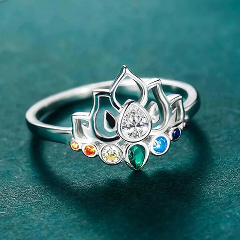 7 Chakras Stone Ring Lotus Flower Woman silver