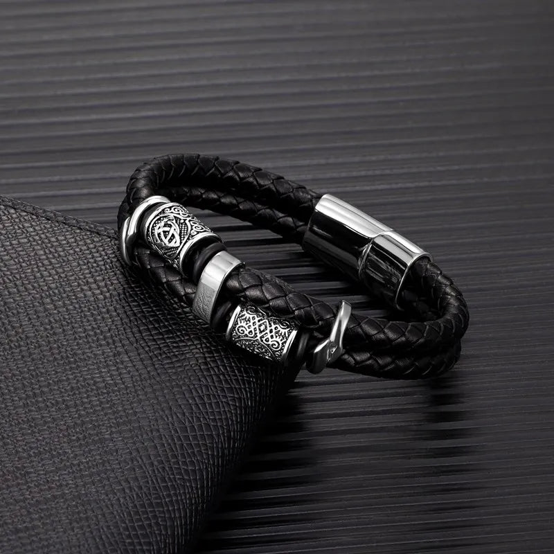 Black Leather Bracelet Viking Mythology silver
