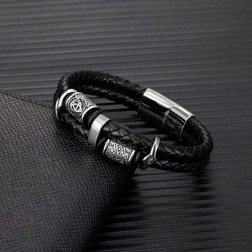 Black Leather Bracelet Viking Mythology silver