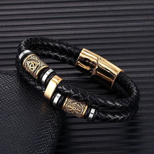Black Leather Bracelet Viking Mythology gold