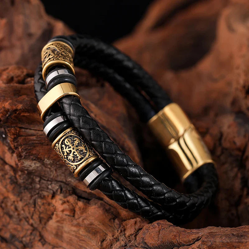 Black Leather Bracelet Viking Mythology gold3
