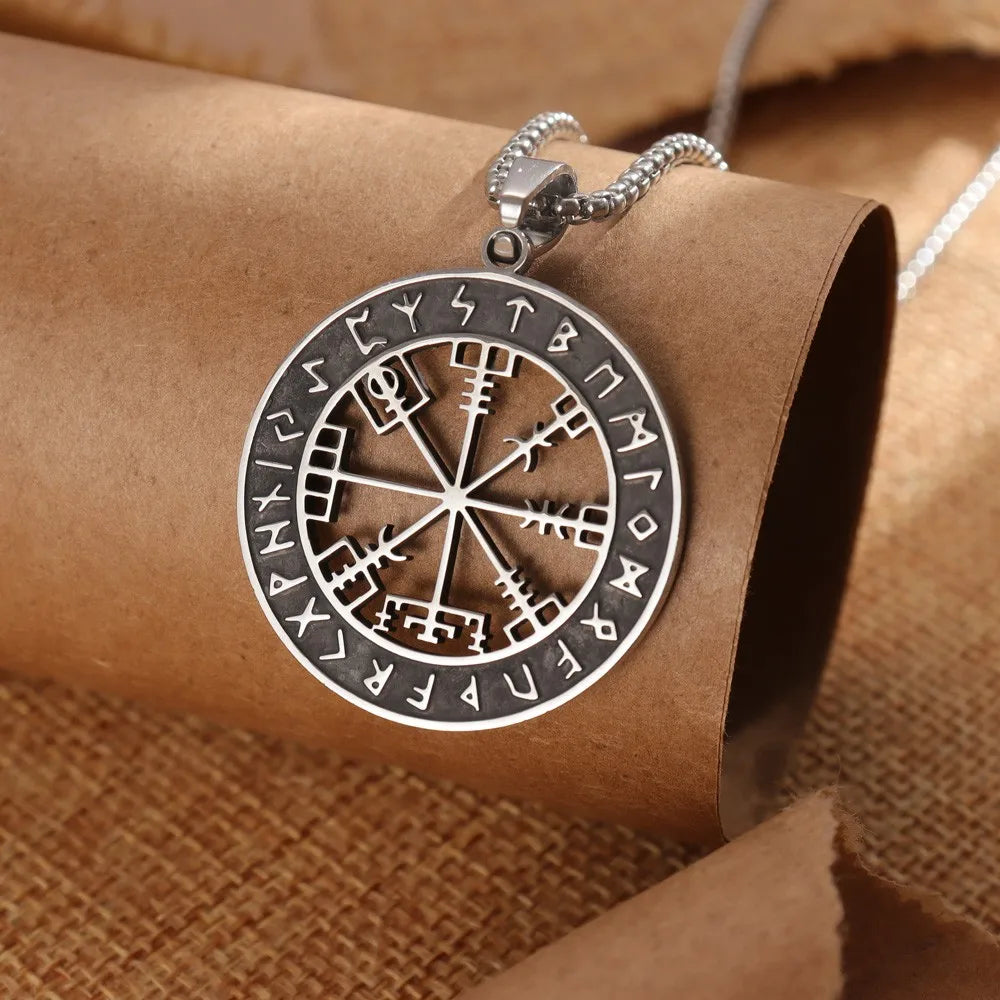 Compass Necklace Vegvisir Viking Black Silver Pendant