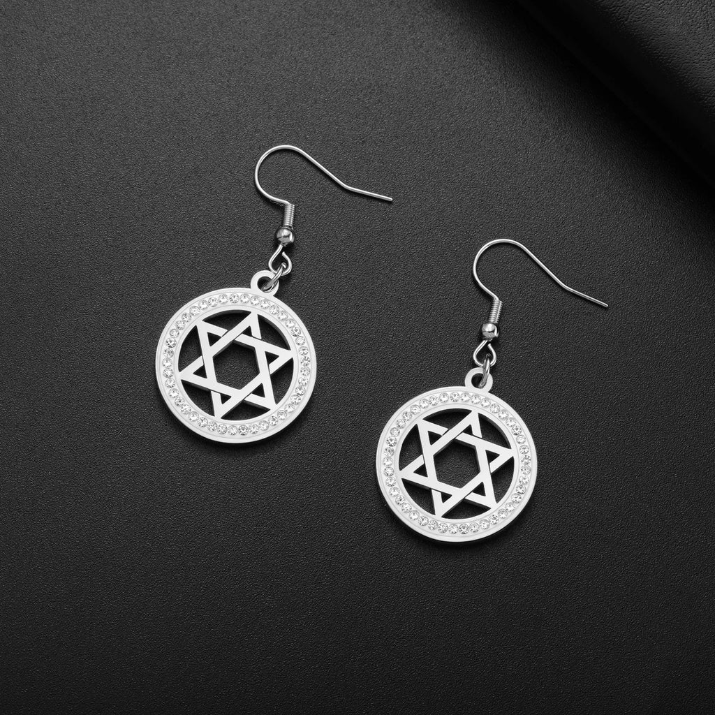 Boucles d'oreilles pendantes avec l'étoile de David et strass symbolique juive argent