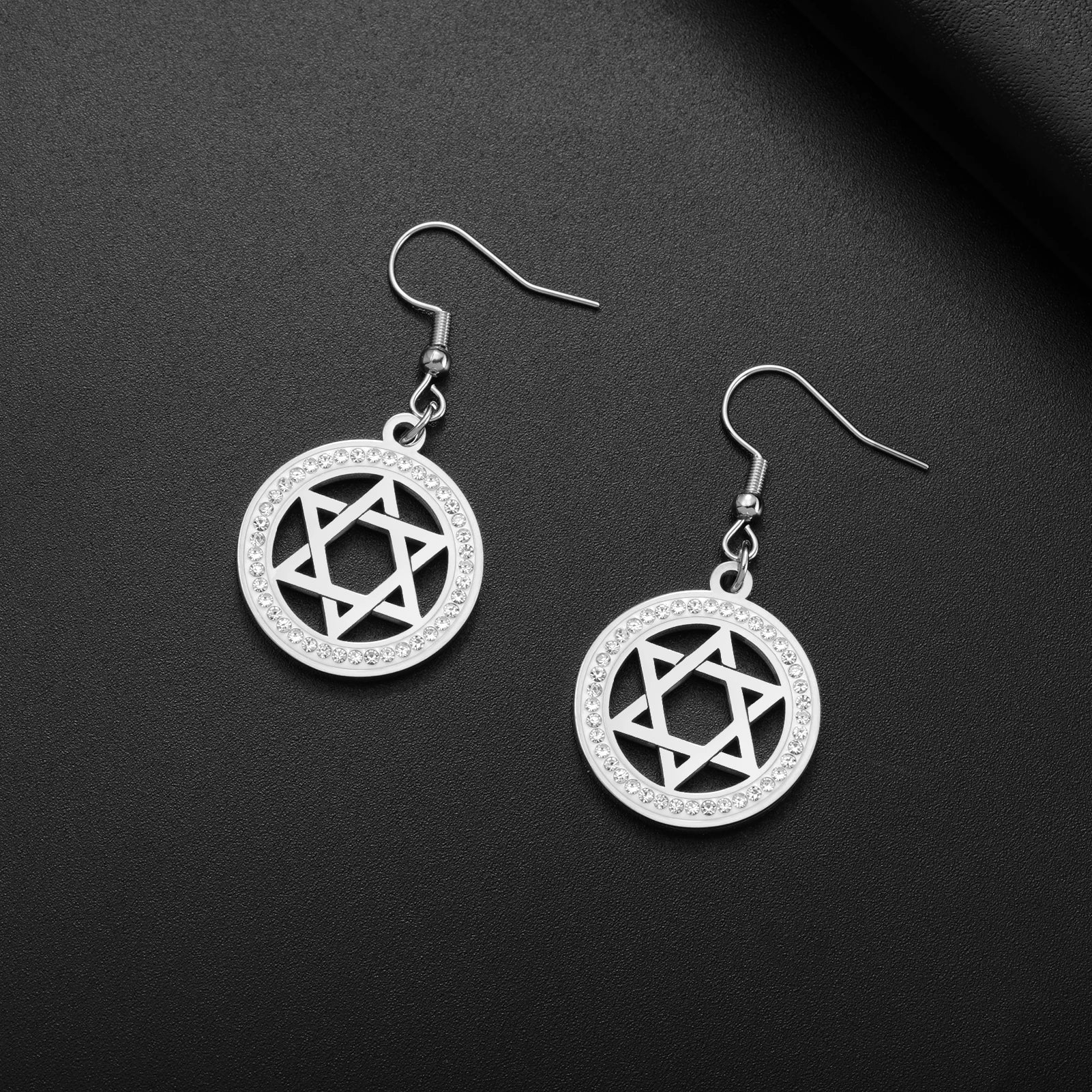 Boucles d'oreilles pendantes avec l'étoile de David et strass symbolique juive argent