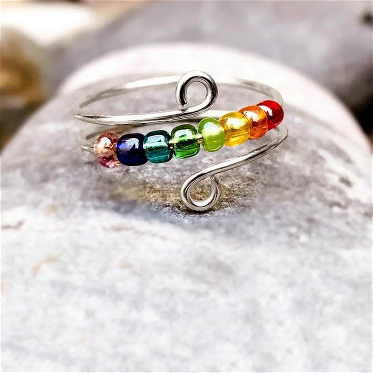 Bague Anneau Style Bohémien Anti-Stress Perles Tournantes argent