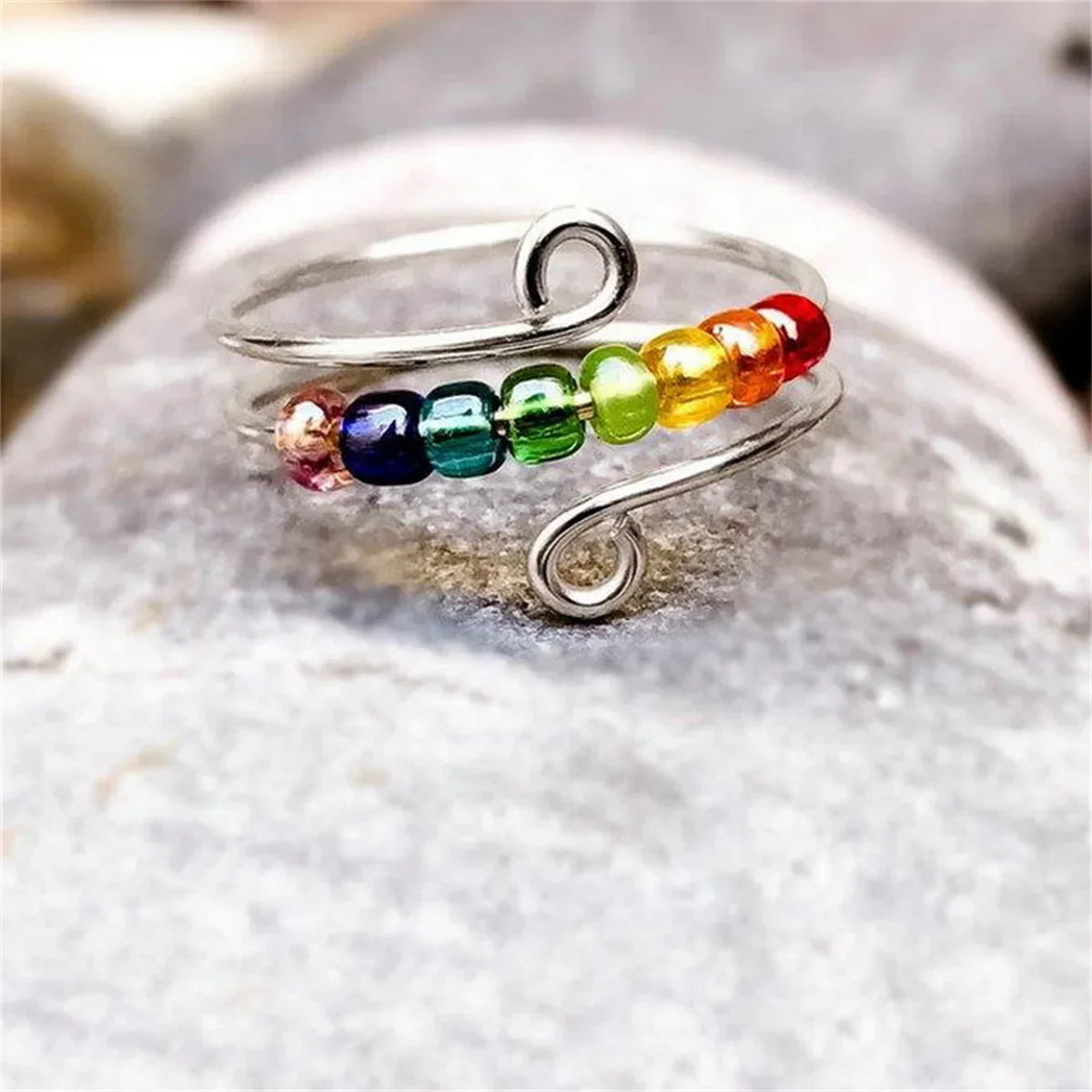 Bohemian Style Ring Band Anti-Stress Spinning Beads silver