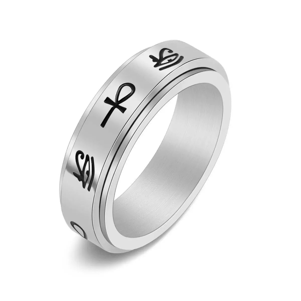 Ring Band with Egyptian Patterns Anti-Stress Spinning silver