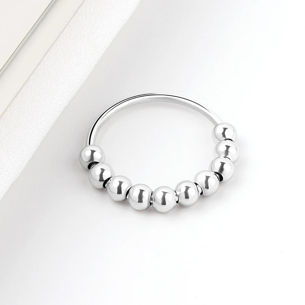 Anti-Stress Ring Band with Spinning Beads for Men or Women silver
