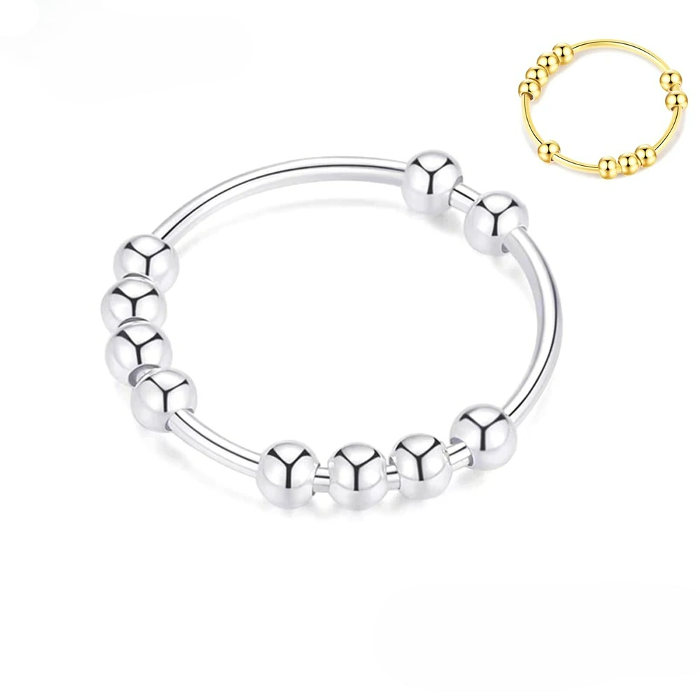 Anti-Stress Ring Band with Spinning Beads for Men or Women silver