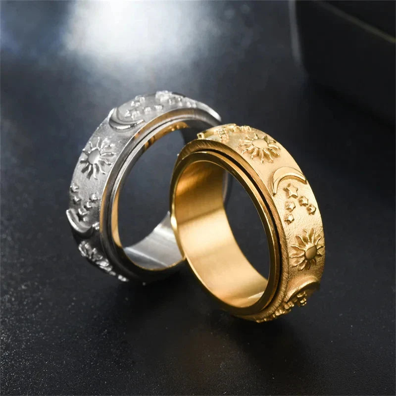Anti-Stress Ring Band Spinning Moon and Sun silver