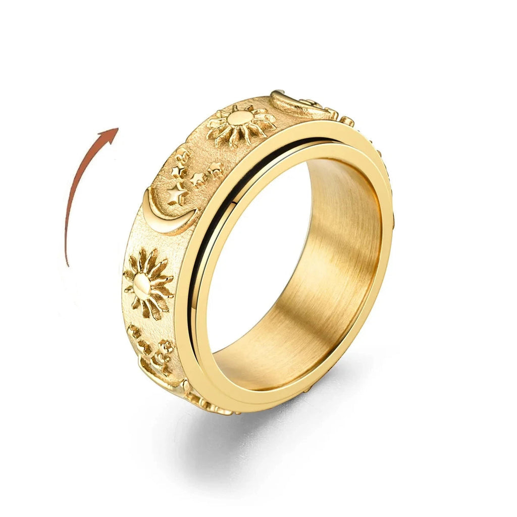 Bague Anneau Anti Stress Tournant Lune et Soleil or