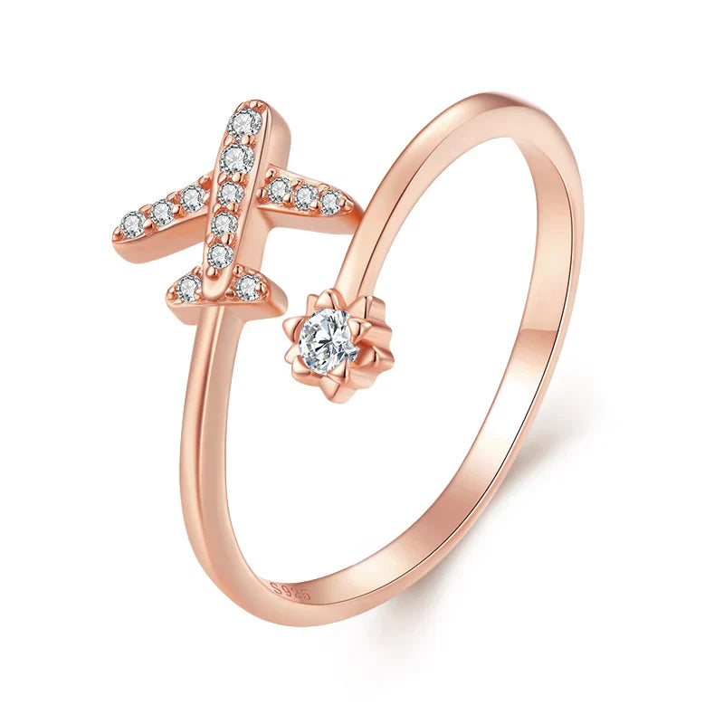 Real Silver Airplane Ring Band for Women rose gold