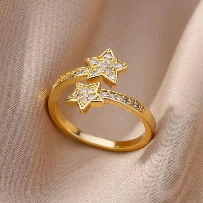 Double Star Ring Band in Gold Zircon