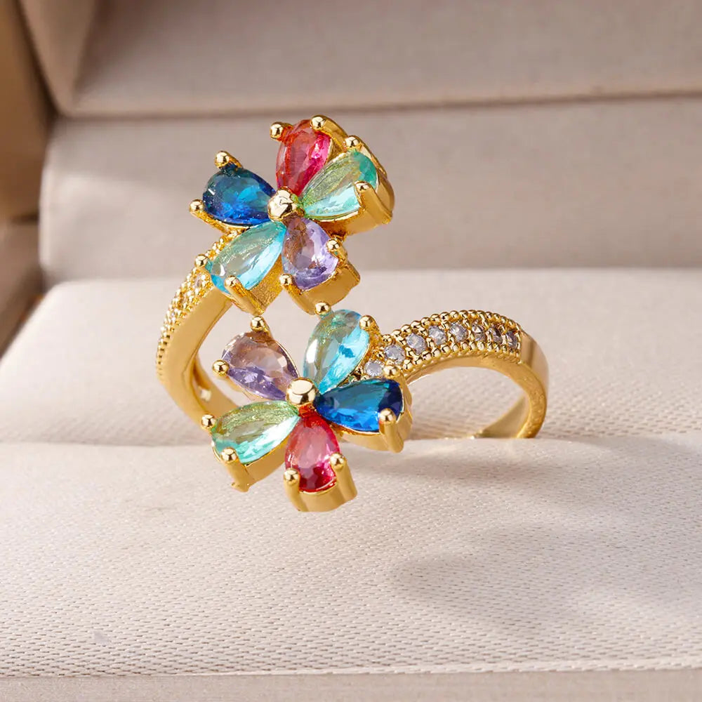 Colored Flower Ring Band in Gold Zircon