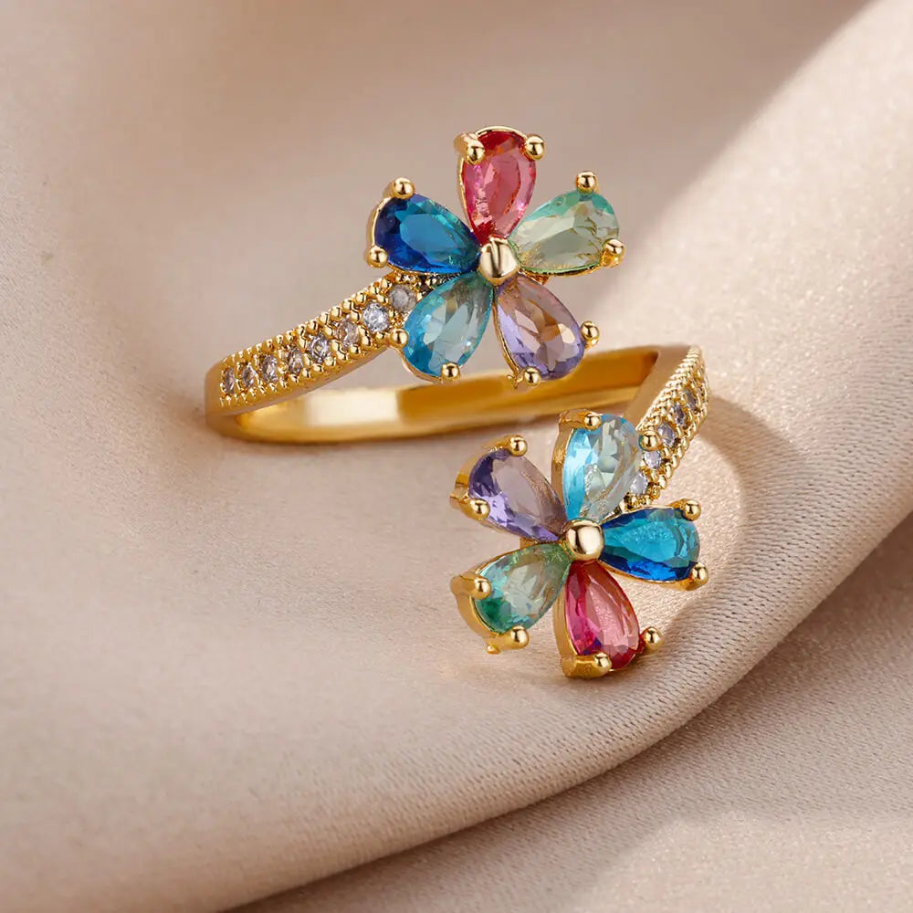 Colored Flower Ring Band in Gold Zircon