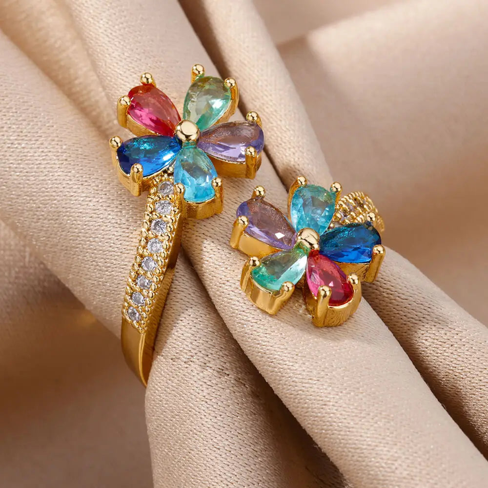 Colored Flower Ring Band in Gold Zircon