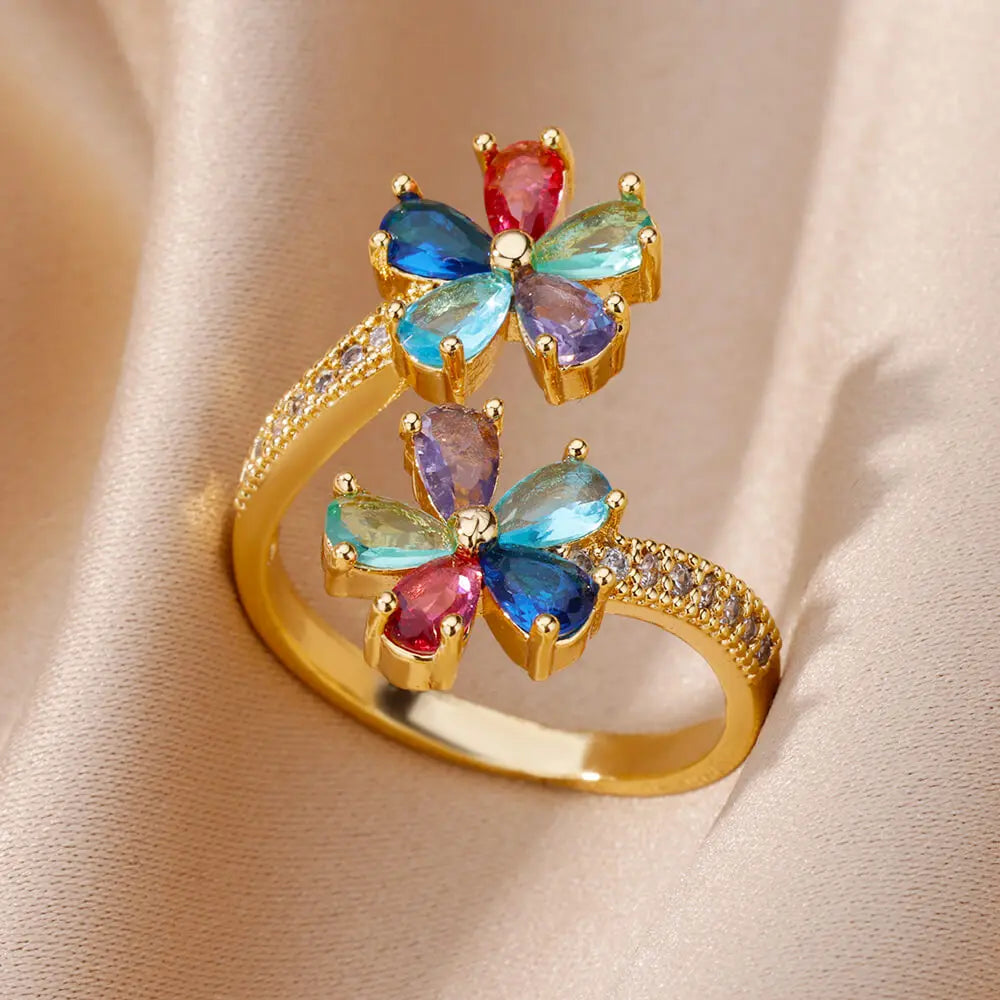 Colored Flower Ring Band in Gold Zircon