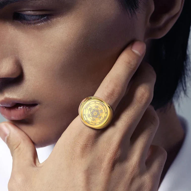 Black Ring Band Metatron Cube gold