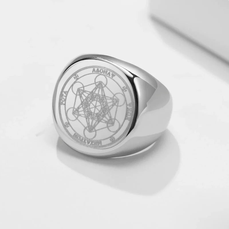 Black Ring Band Metatron Cube silver