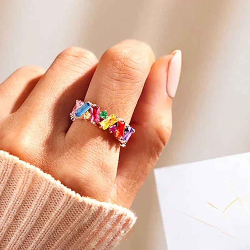 Bague arc-en-ciel géométrique argent