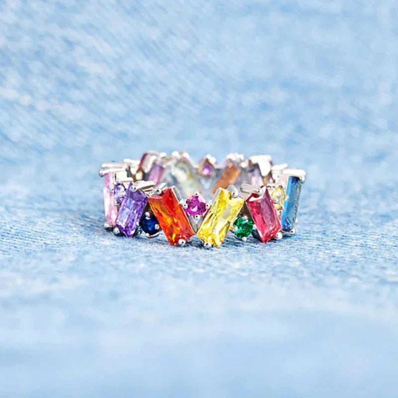 Bague arc-en-ciel géométrique argent