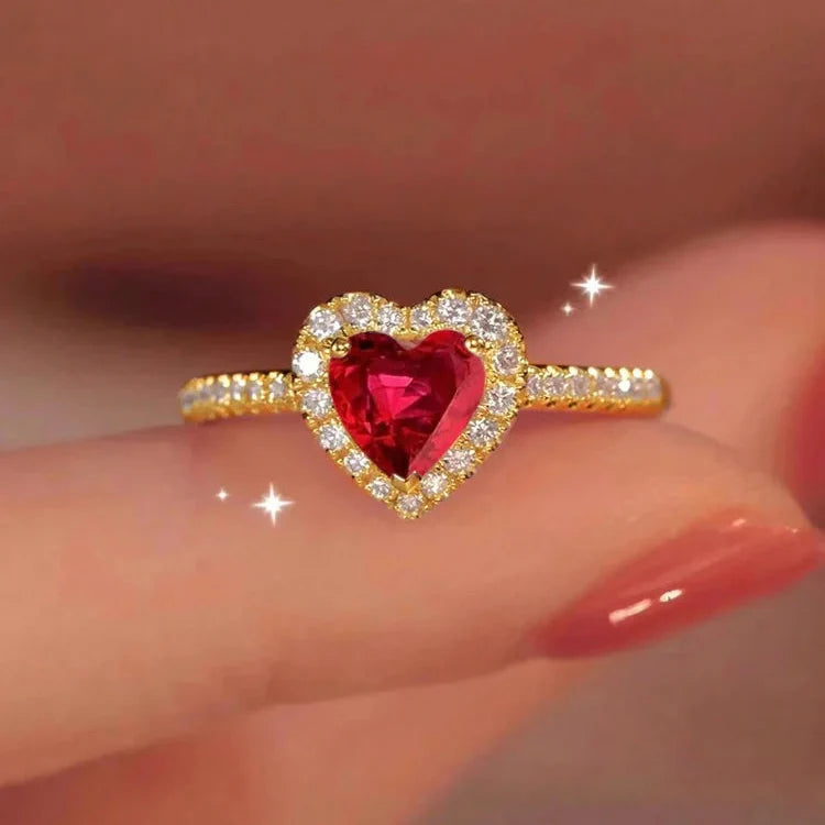 Ring with Heart and Red Zircon and Gold
