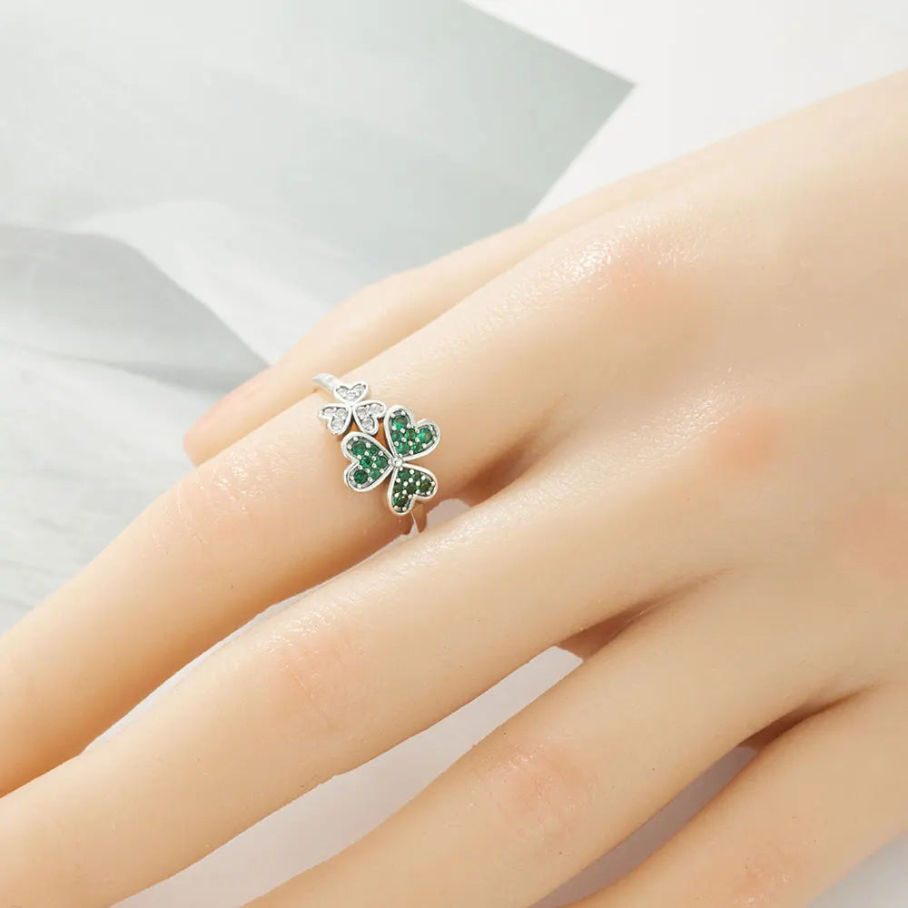 Ring with Green Zircon Hearts Four-Leaf Clover