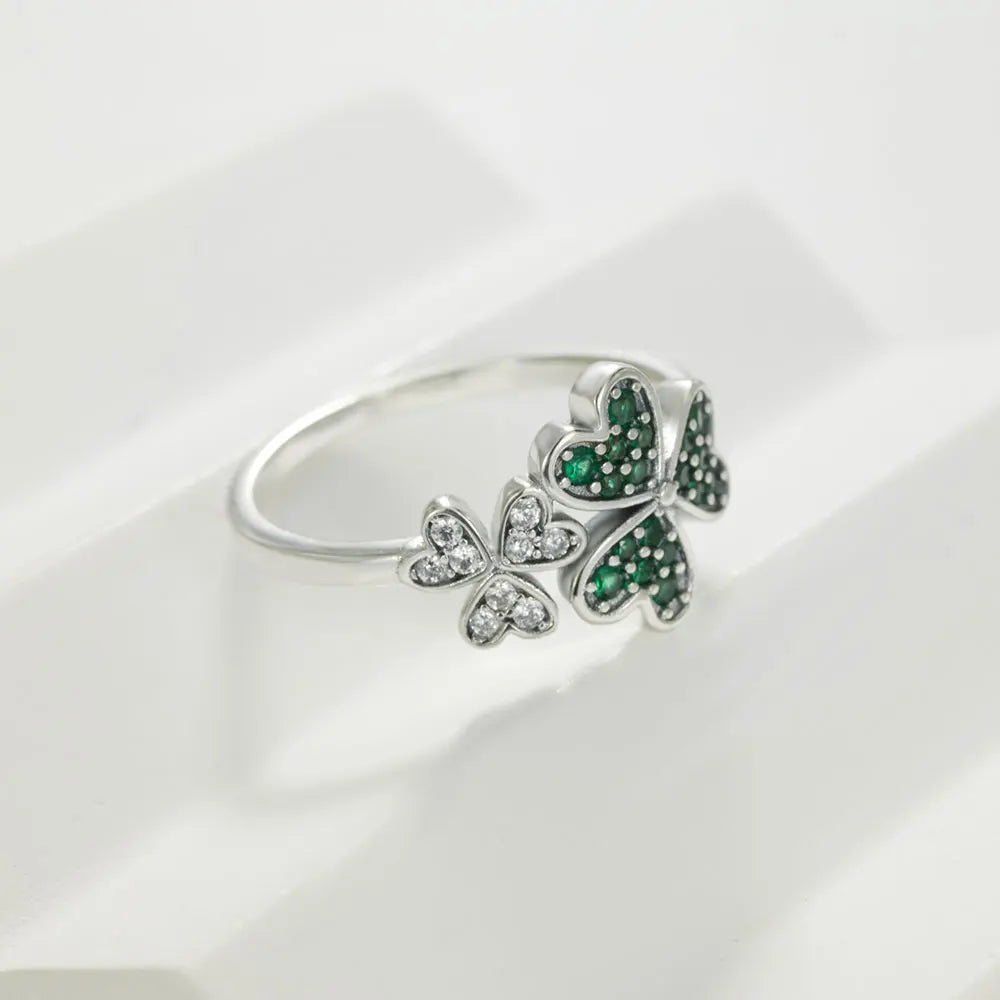 Ring with Green Zircon Hearts Four-Leaf Clover
