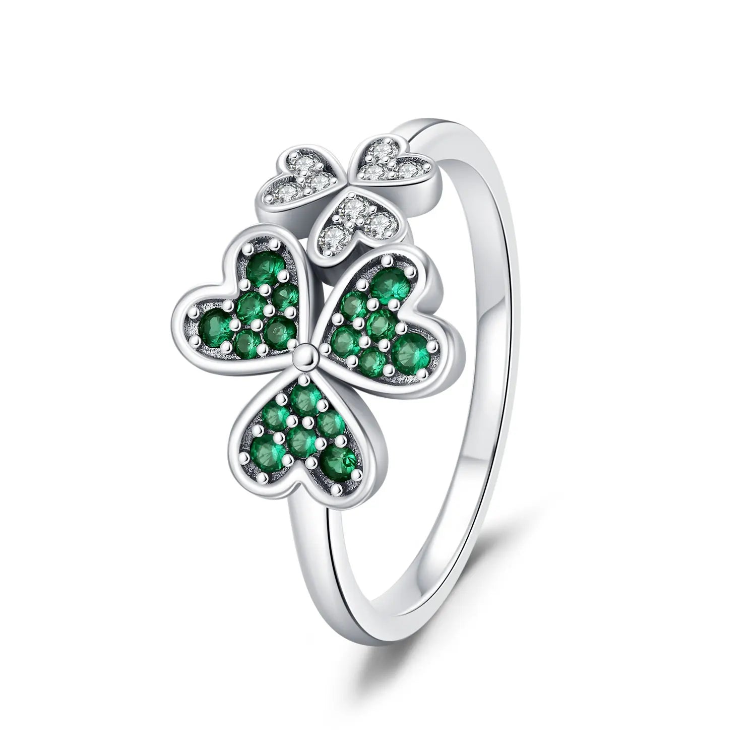 Ring with Green Zircon Hearts Four-Leaf Clover