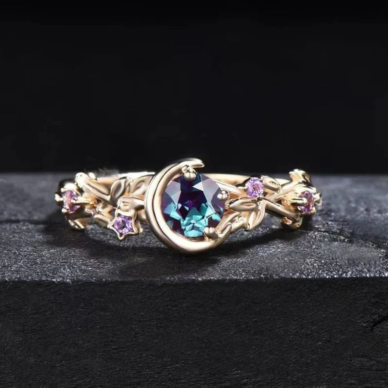 Ring with Crescent Moon and Gold Zircon