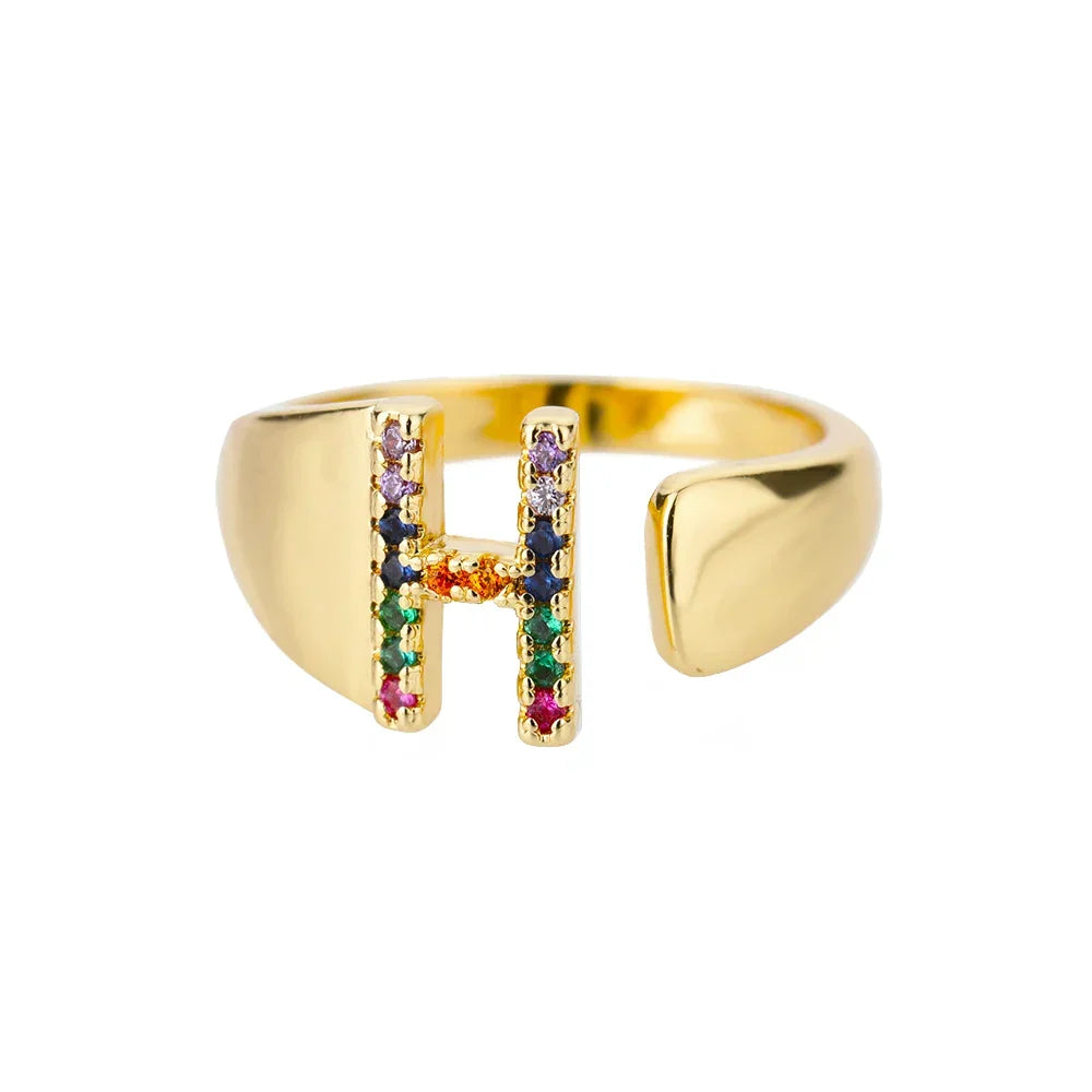 Bague large personnalisée avec initiale arc-en-ciel h