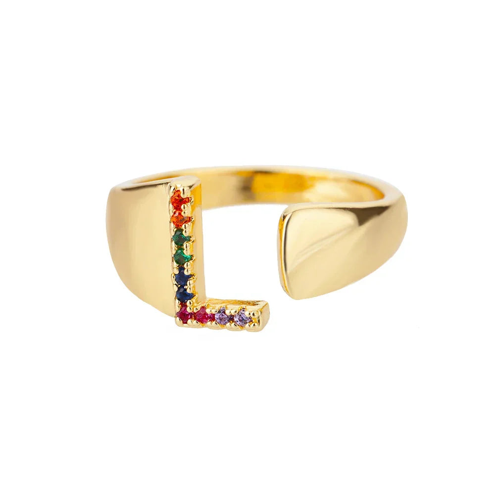 Bague large personnalisée avec initiale arc-en-ciel l