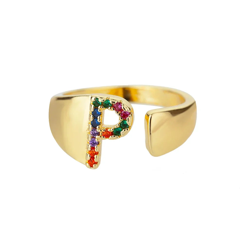 Bague large personnalisée avec initiale arc-en-ciel p