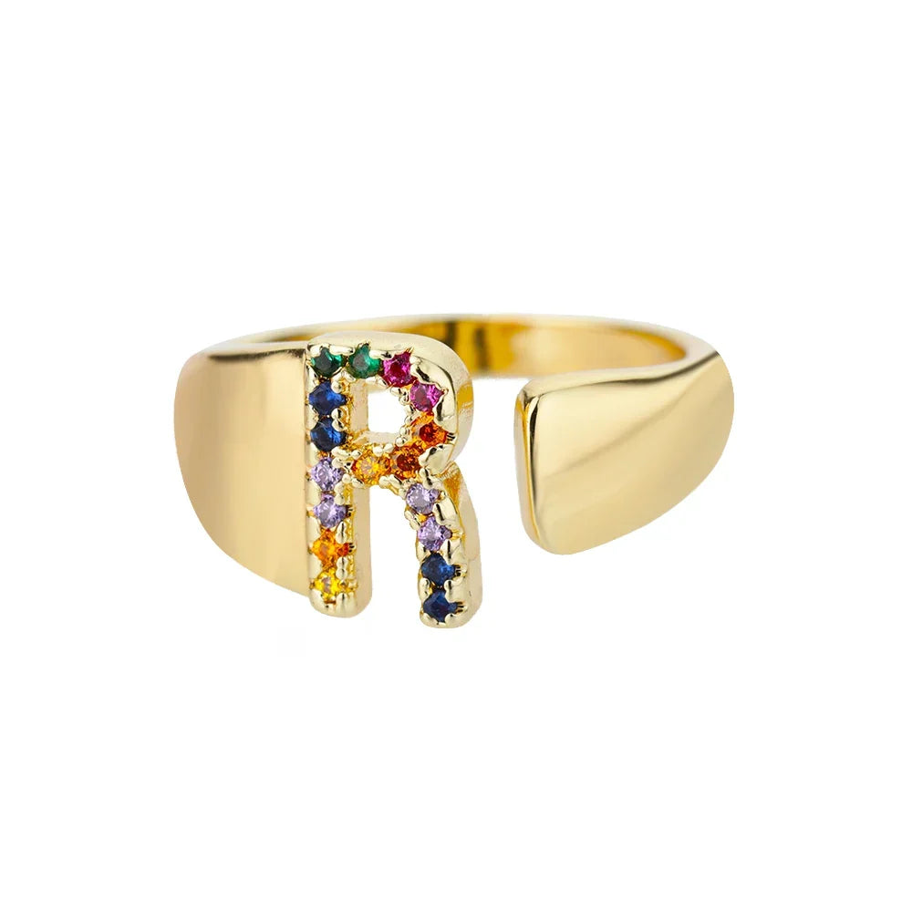 Bague large personnalisée avec initiale arc-en-ciel r