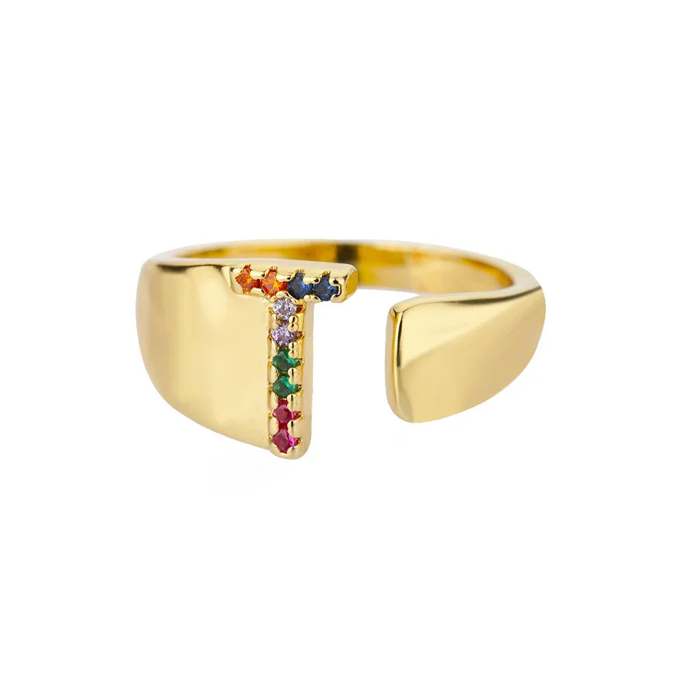 Bague large personnalisée avec initiale arc-en-ciel t