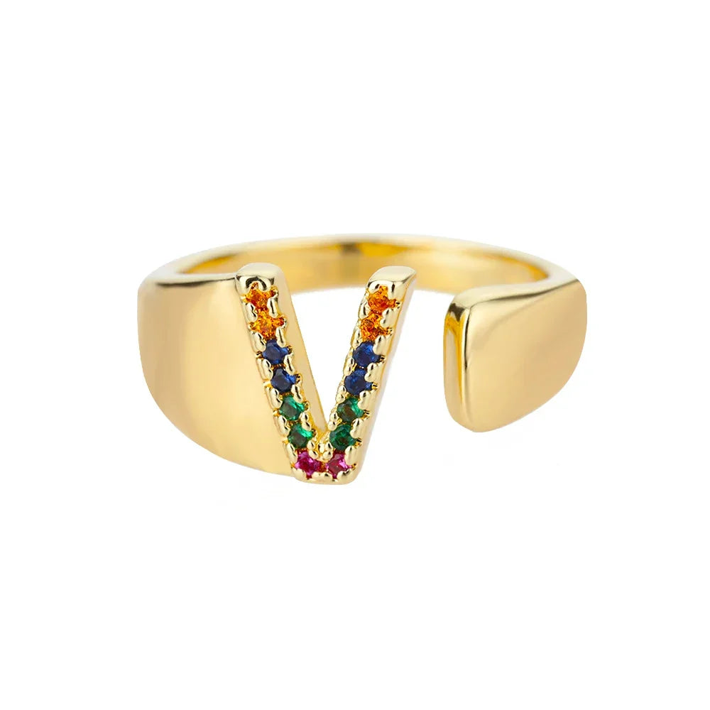 Bague large personnalisée avec initiale arc-en-ciel v