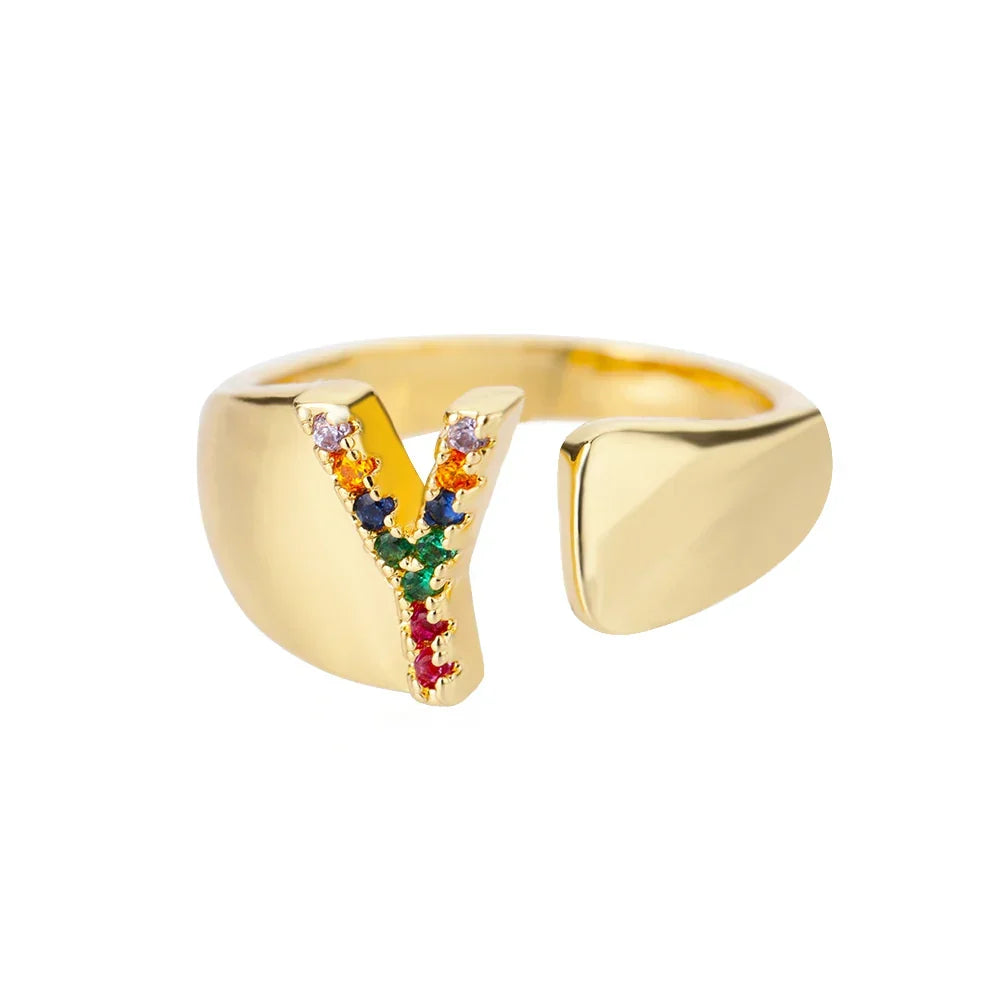 Bague large personnalisée avec initiale arc-en-ciel y