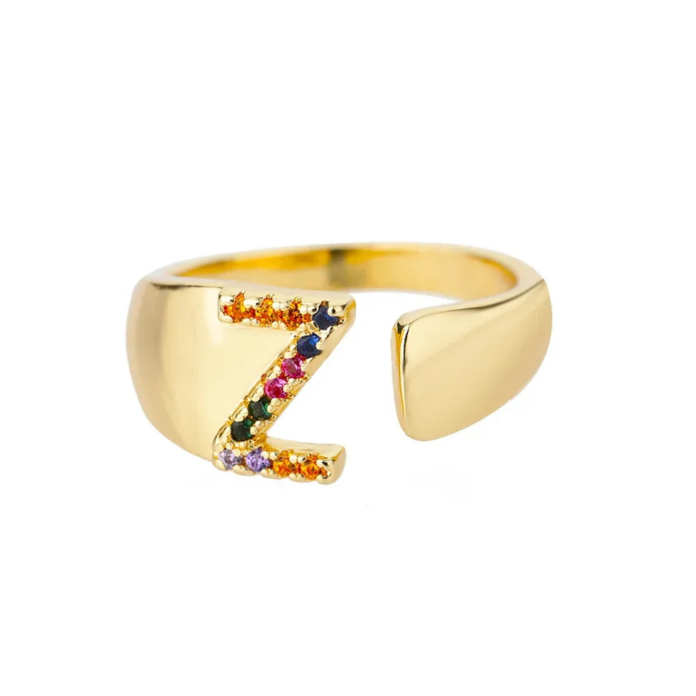 Bague large personnalisée avec initiale arc-en-ciel z