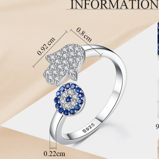 Silver Evil Eye Protection Ring – Blue Greek Turkish Mati Mataki
