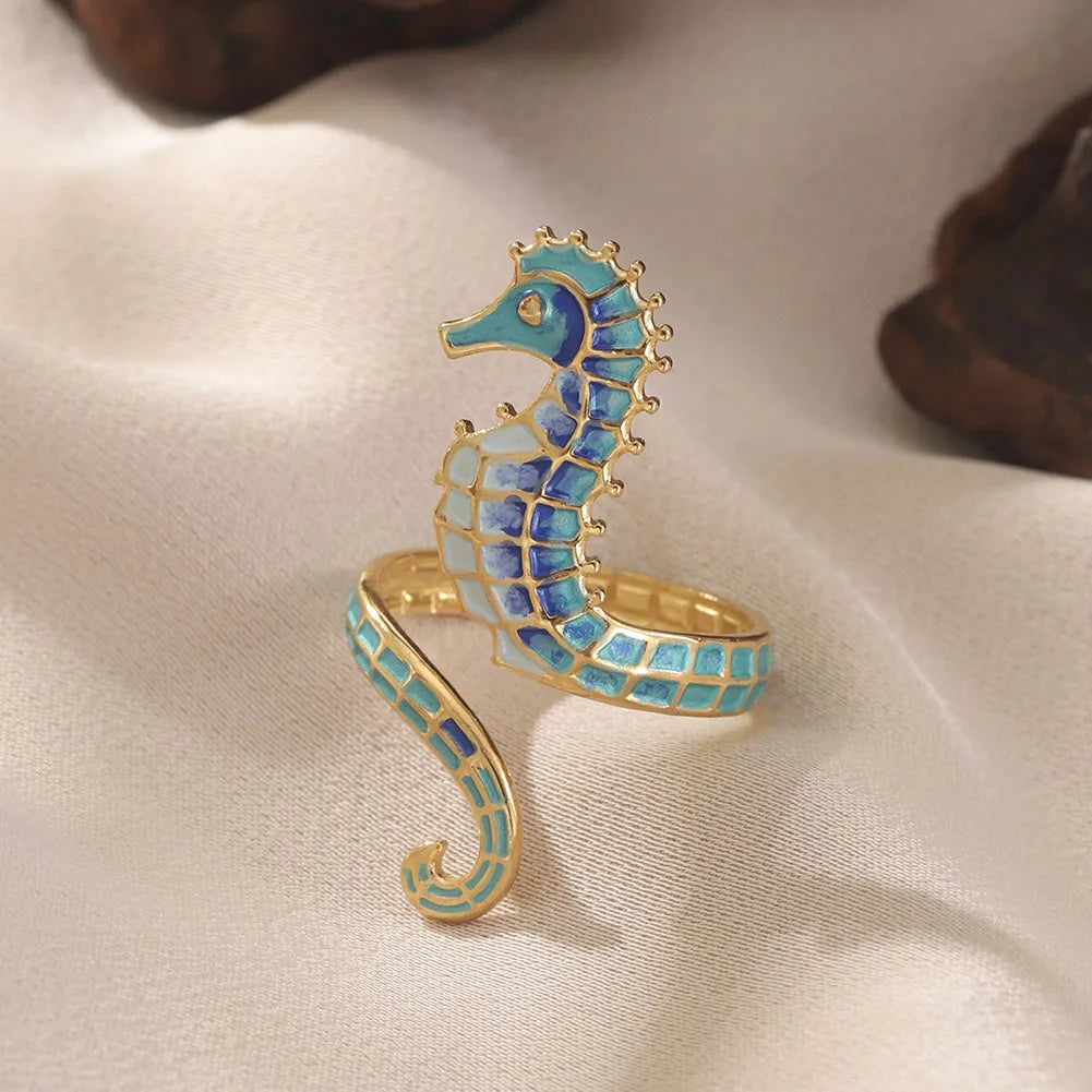 Bague coquillage hippocampe bleu