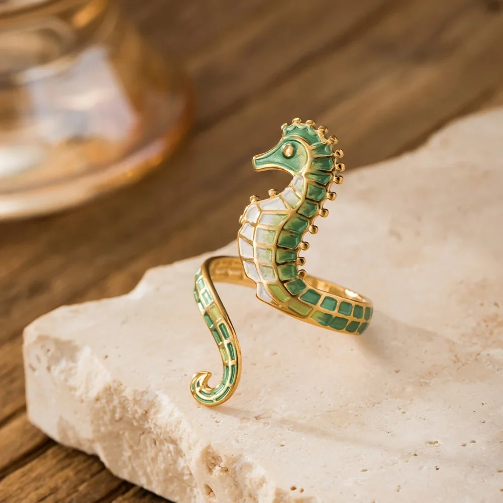 Bague coquillage hippocampe vert