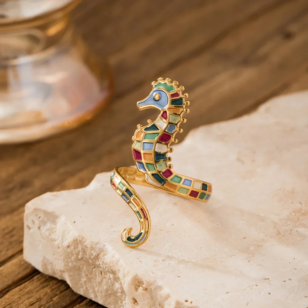 Bague coquillage hippocampe multicolore