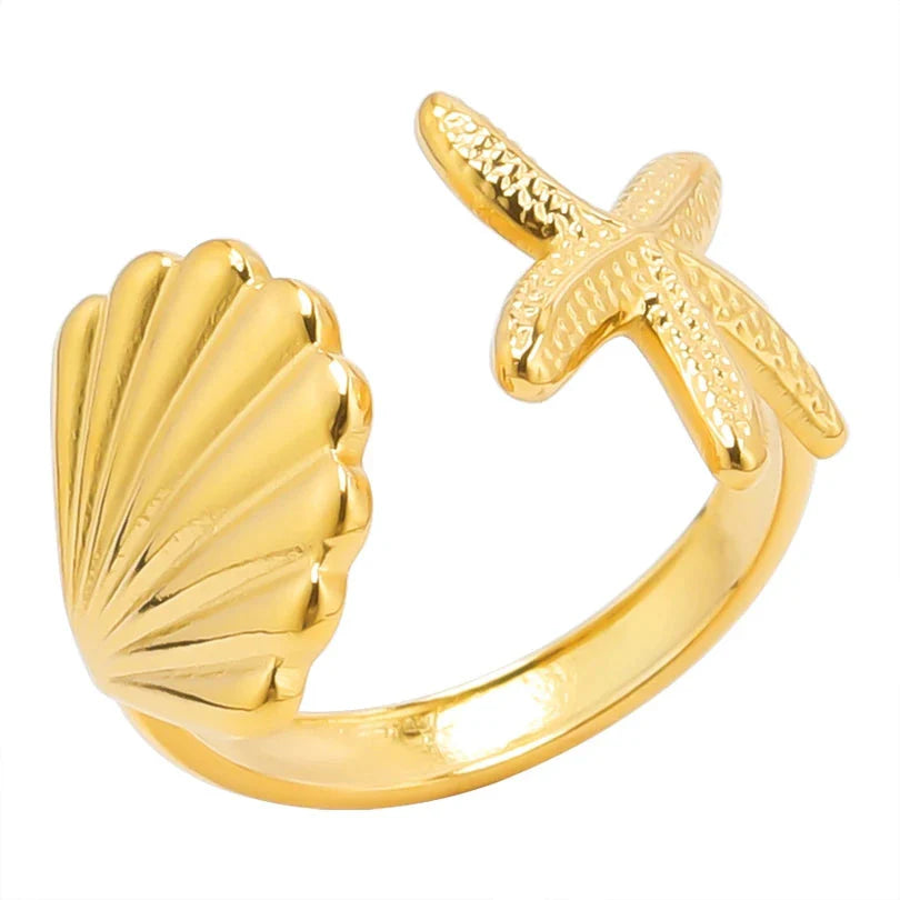 Shells Starfish and Scallop Shell Gold Ring
