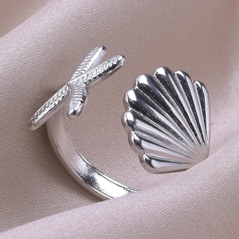 Shells Starfish and Scallop Shell Silver Ring