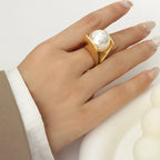 Women's Retro Style Ring with Large White Gold Pearl