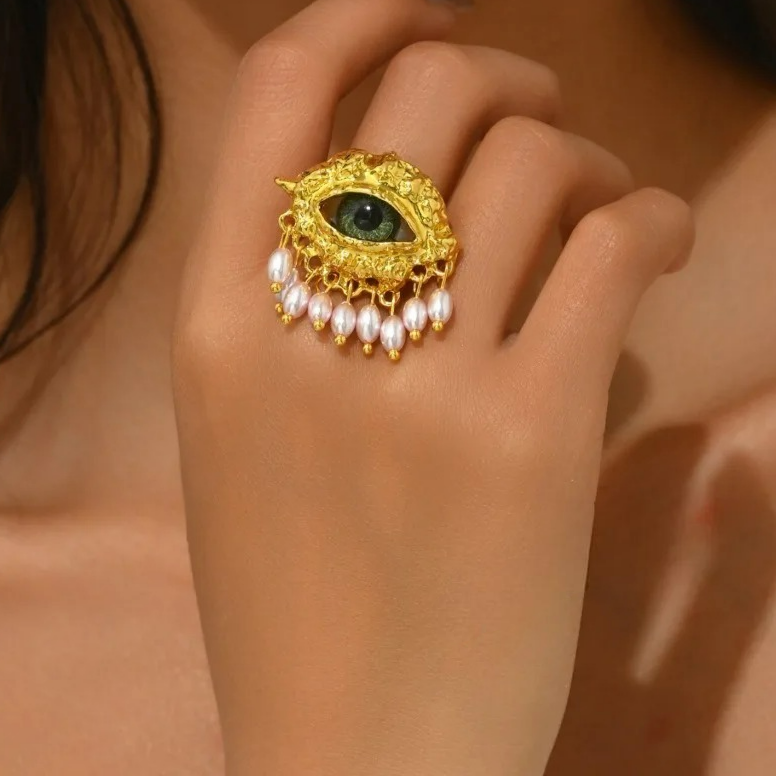 Protection Ring with Blue Eye and Gold Beads