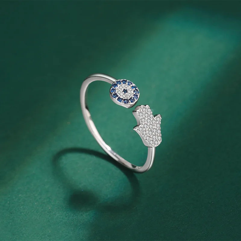 Bague de protection pour femme avec main de Fatma arabe argent bleu