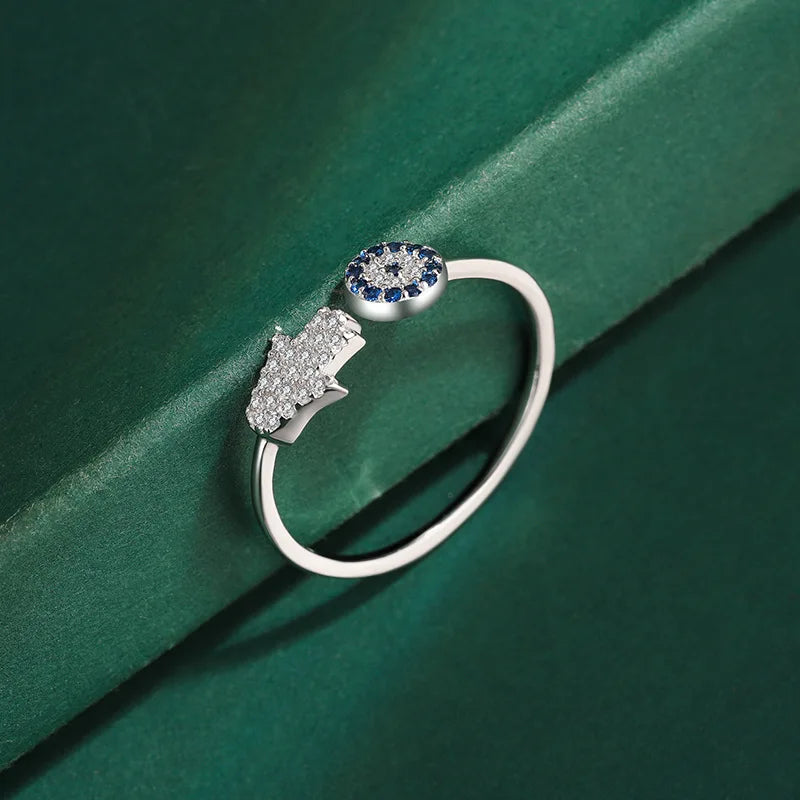 Bague de protection pour femme avec main de Fatma arabe argent bleu