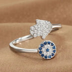 Bague de protection pour femme avec main de Fatma arabe argent bleu